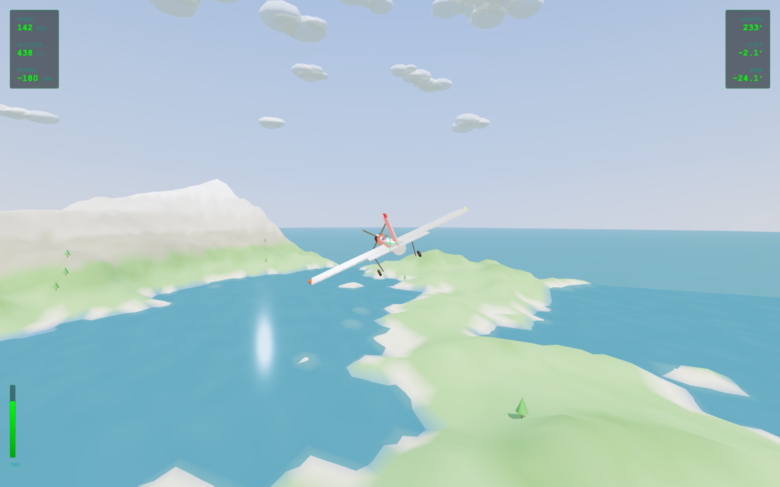 A light aircraft banking over a green coastline, flight instruments overlaid