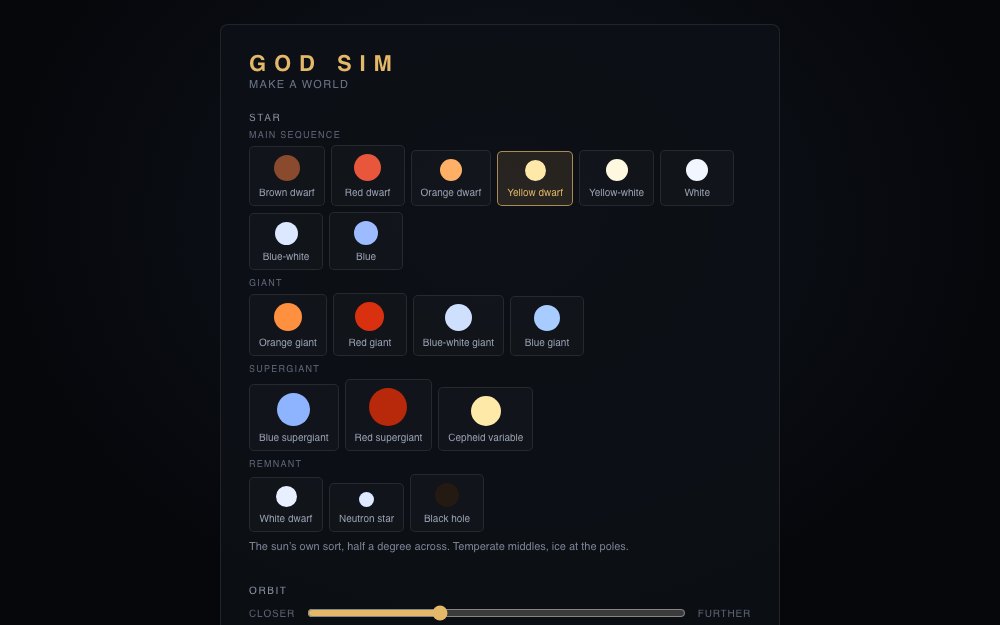 The God Sim world-creation screen: star type, orbit and world size laid out as options